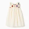 Dual-fabric dress with crochet flowers for baby girls, light beige