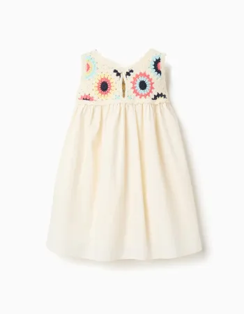 Dual-fabric dress with crochet flowers for baby girls, light beige