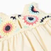 Dual-fabric dress with crochet flowers for baby girls, light beige