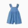 Wide leg denim playsuit with ruffled straps for baby girls, blue