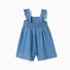 Wide leg denim playsuit with ruffled straps for baby girls, blue
