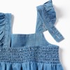 Wide leg denim playsuit with ruffled straps for baby girls, blue