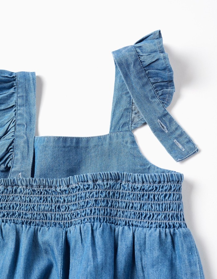 Wide leg denim playsuit with ruffled straps for baby girls, blue