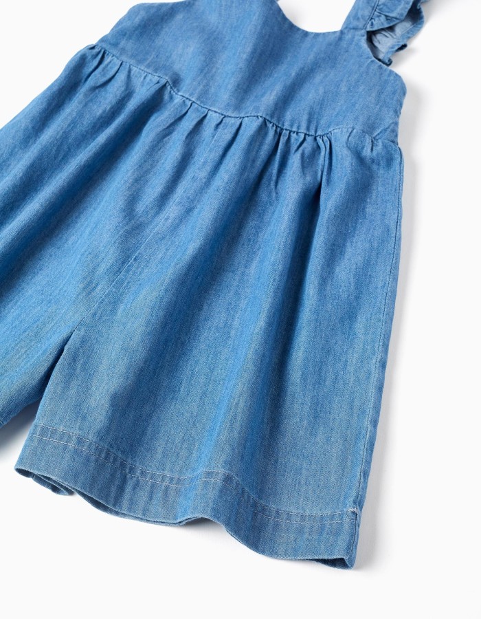 Wide leg denim playsuit with ruffled straps for baby girls, blue