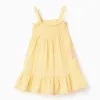 Sleeveless cotton dress with embroidered seaweed for baby girls, yellow