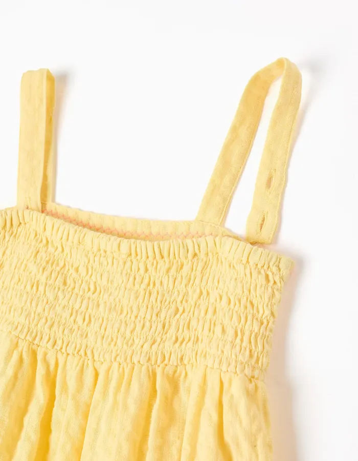 Sleeveless cotton dress with embroidered seaweed for baby girls, yellow