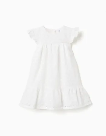 Cotton dress with broderie anglaise and ruffles for baby girls, white