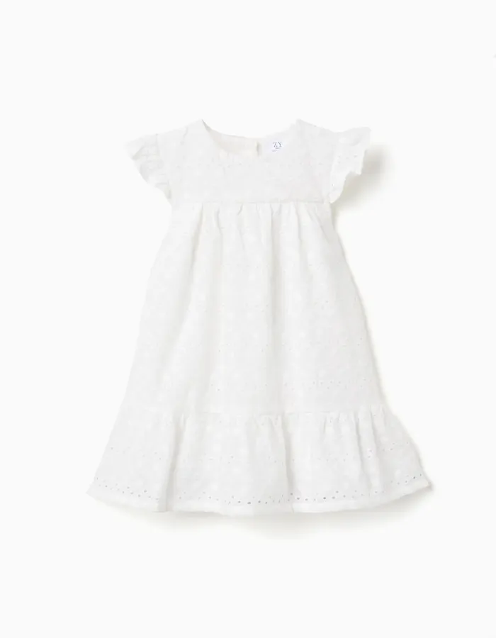 Cotton dress with broderie anglaise and ruffles for baby girls, white
