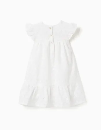 Cotton dress with broderie anglaise and ruffles for baby girls, white