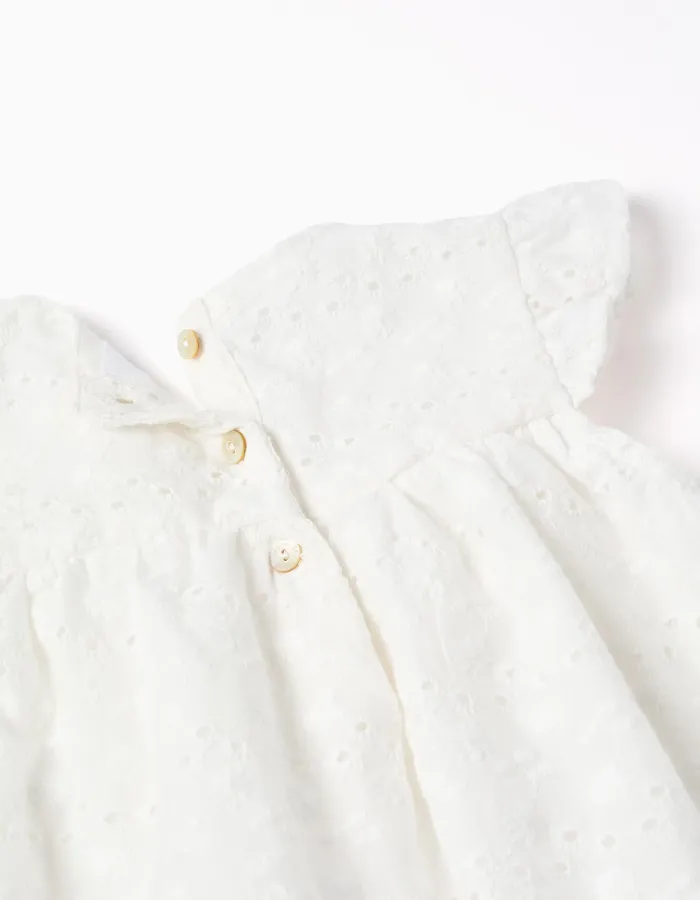 Cotton dress with broderie anglaise and ruffles for baby girls, white