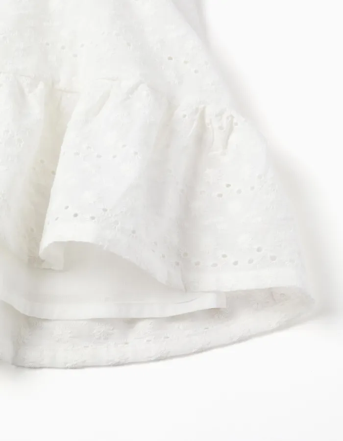 Cotton dress with broderie anglaise and ruffles for baby girls, white