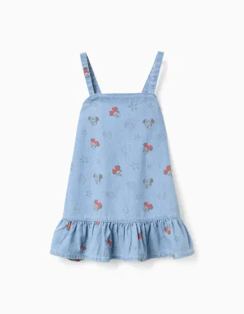 Sleeveless denim dress with Minnie motif for baby girls, light blue