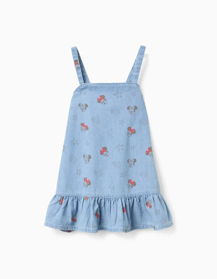 Sleeveless denim dress with Minnie motif for baby girls, light blue