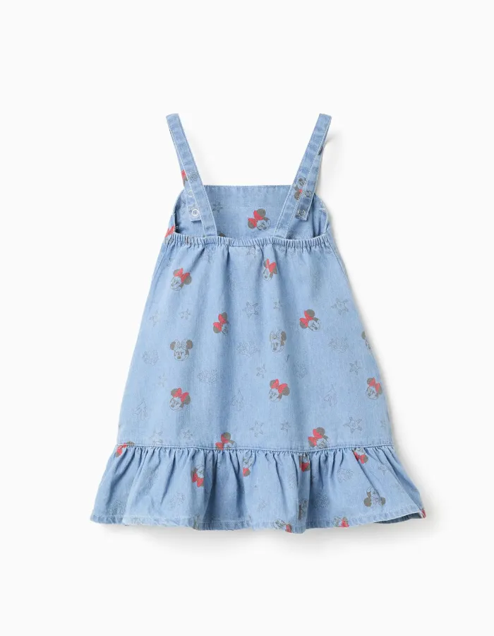 Sleeveless denim dress with Minnie motif for baby girls, light blue