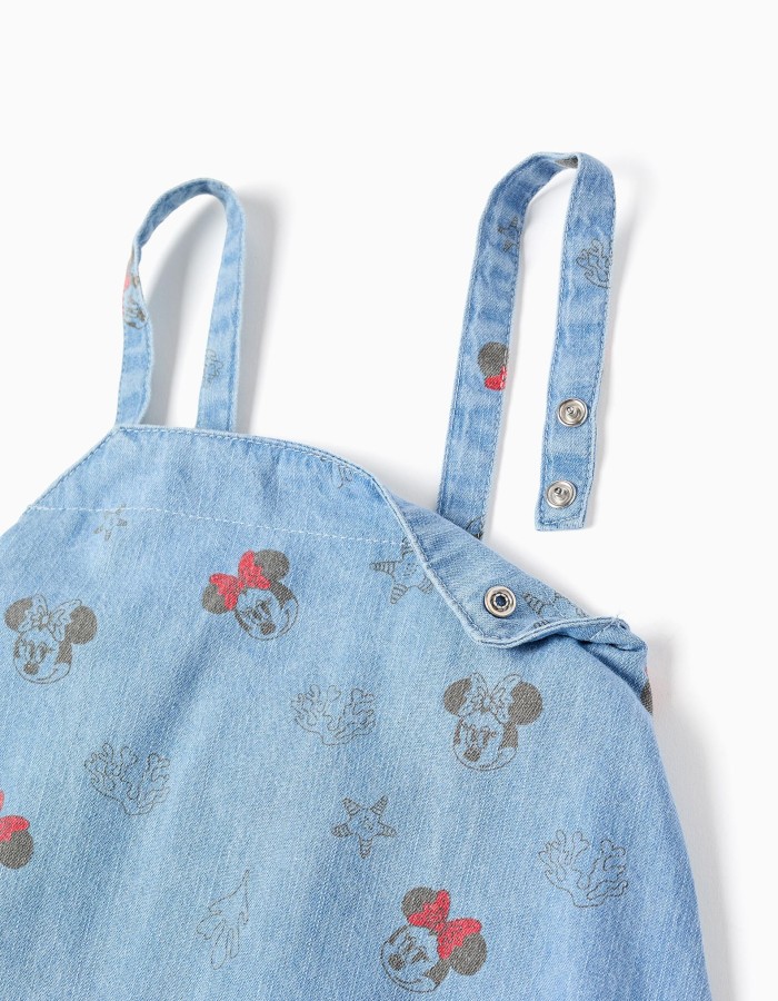 Sleeveless denim dress with Minnie motif for baby girls, light blue