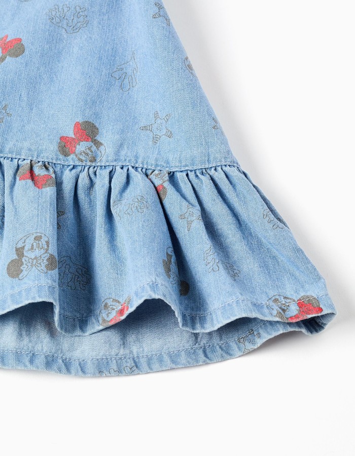 Sleeveless denim dress with Minnie motif for baby girls, light blue