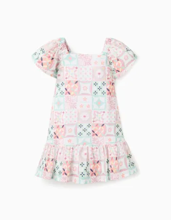 Cotton dress with a tile pattern for baby girls, multicolour