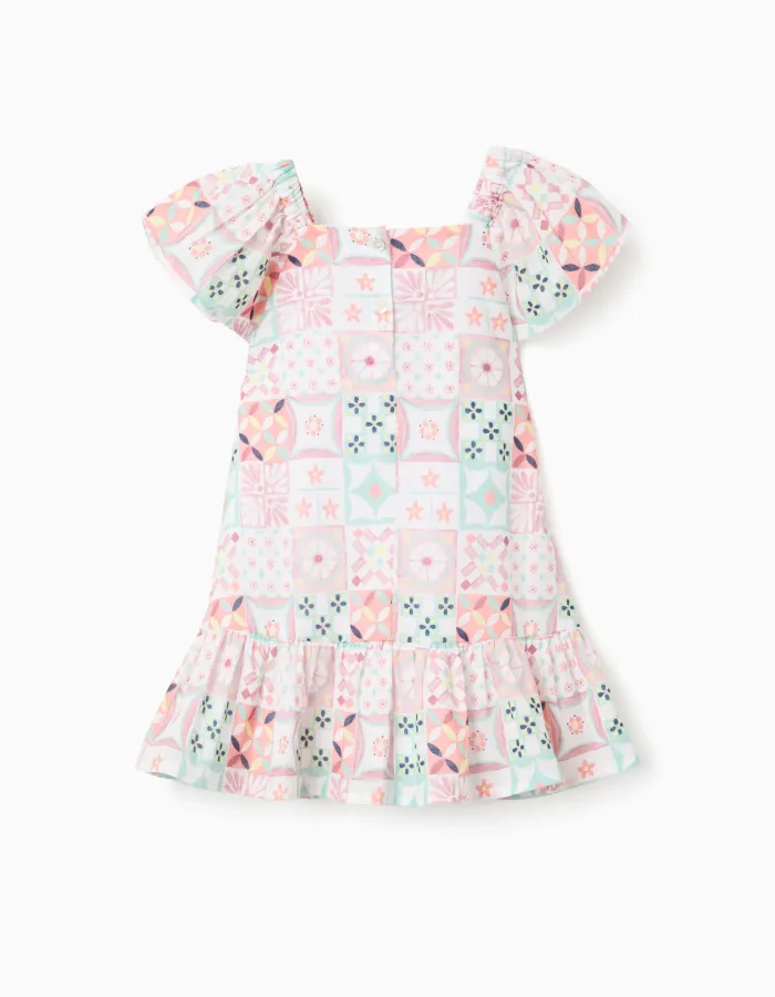 Cotton dress with a tile pattern for baby girls, multicolour
