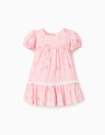 Cotton dress with floral motif and balloon sleeves for baby girls, pink