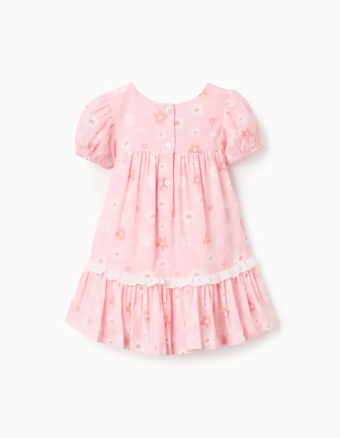 Cotton dress with floral motif and balloon sleeves for baby girls, pink