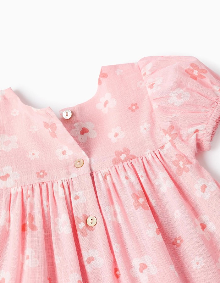 Cotton dress with floral motif and balloon sleeves for baby girls, pink