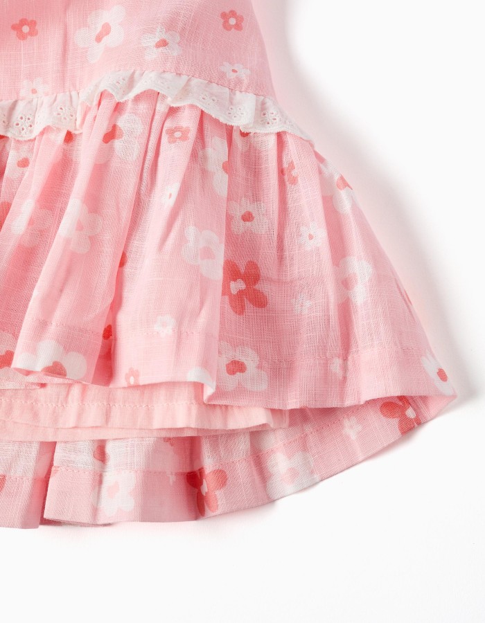 Cotton dress with floral motif and balloon sleeves for baby girls, pink
