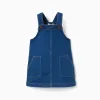 Denim pinafore dress with front pockets for baby girls, blue