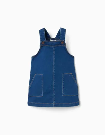 Denim pinafore dress with front pockets for baby girls, blue