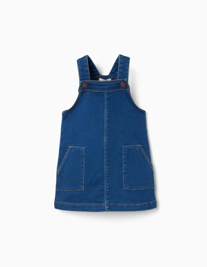 Denim pinafore dress with front pockets for baby girls, blue