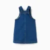 Denim pinafore dress with front pockets for baby girls, blue