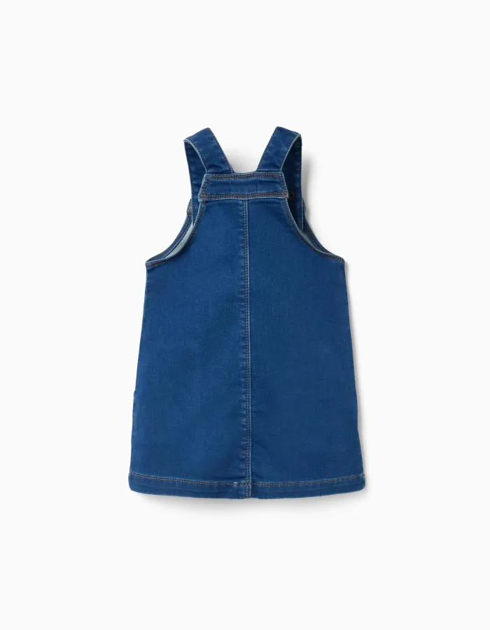 Denim pinafore dress with front pockets for baby girls, blue