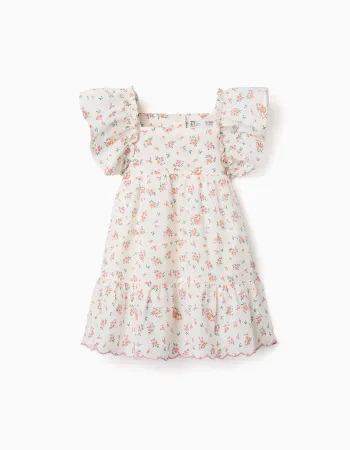 Cotton dress with floral pattern and ruffles for baby girls, light beige