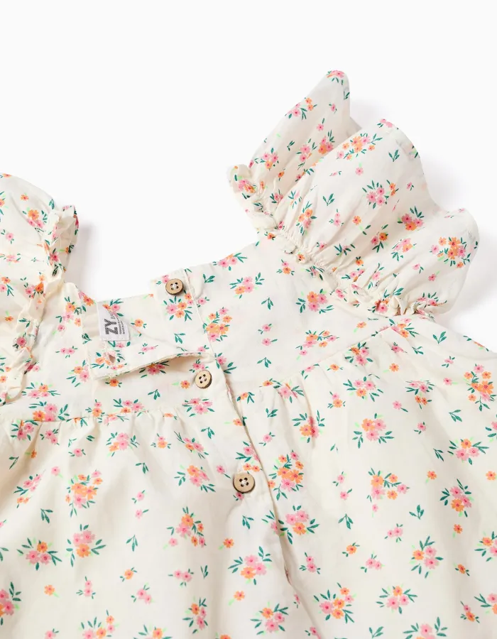 Cotton dress with floral pattern and ruffles for baby girls, light beige