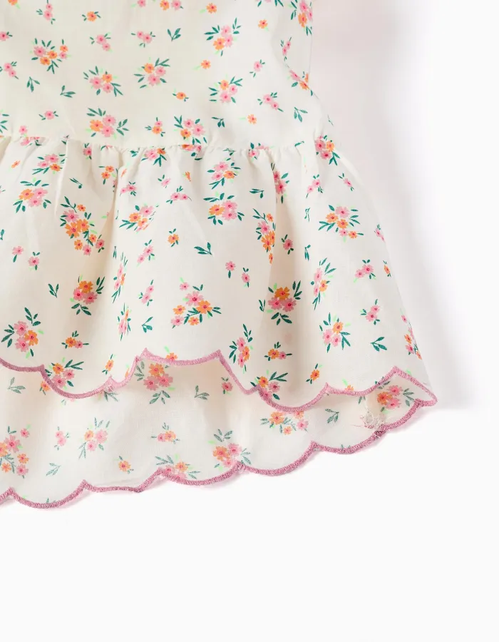 Cotton dress with floral pattern and ruffles for baby girls, light beige