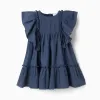 Dress in cotton and linen with ruffled sleeves You&Me for baby girls, blue