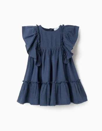 Dress in cotton and linen with ruffled sleeves You&Me for baby girls, blue