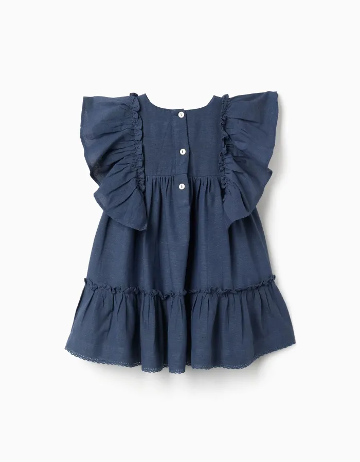Dress in cotton and linen with ruffled sleeves You&Me for baby girls, blue
