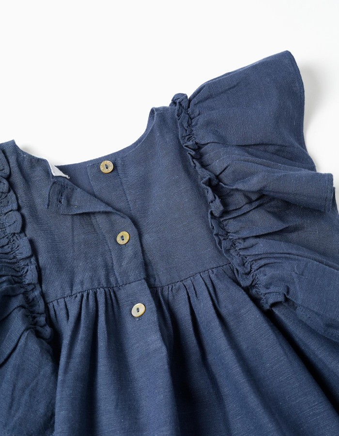 Dress in cotton and linen with ruffled sleeves You&Me for baby girls, blue