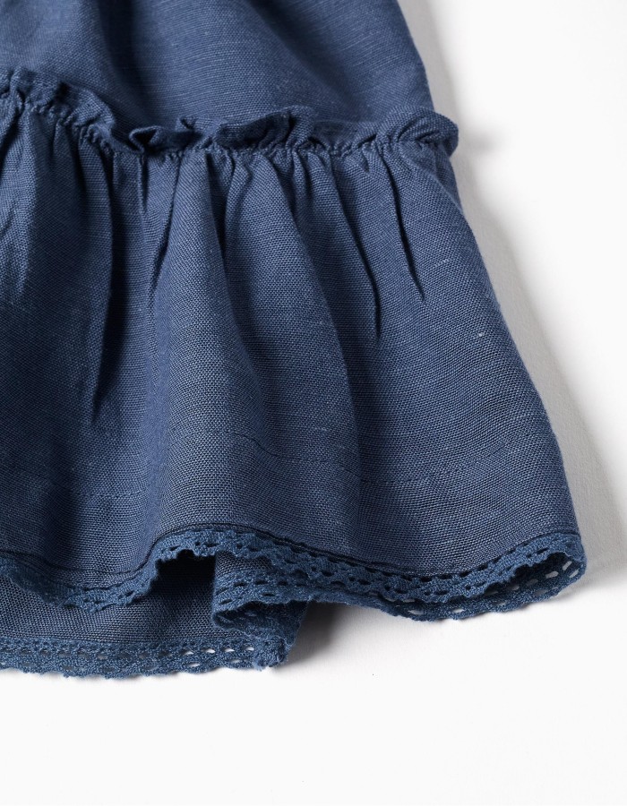 Dress in cotton and linen with ruffled sleeves You&Me for baby girls, blue