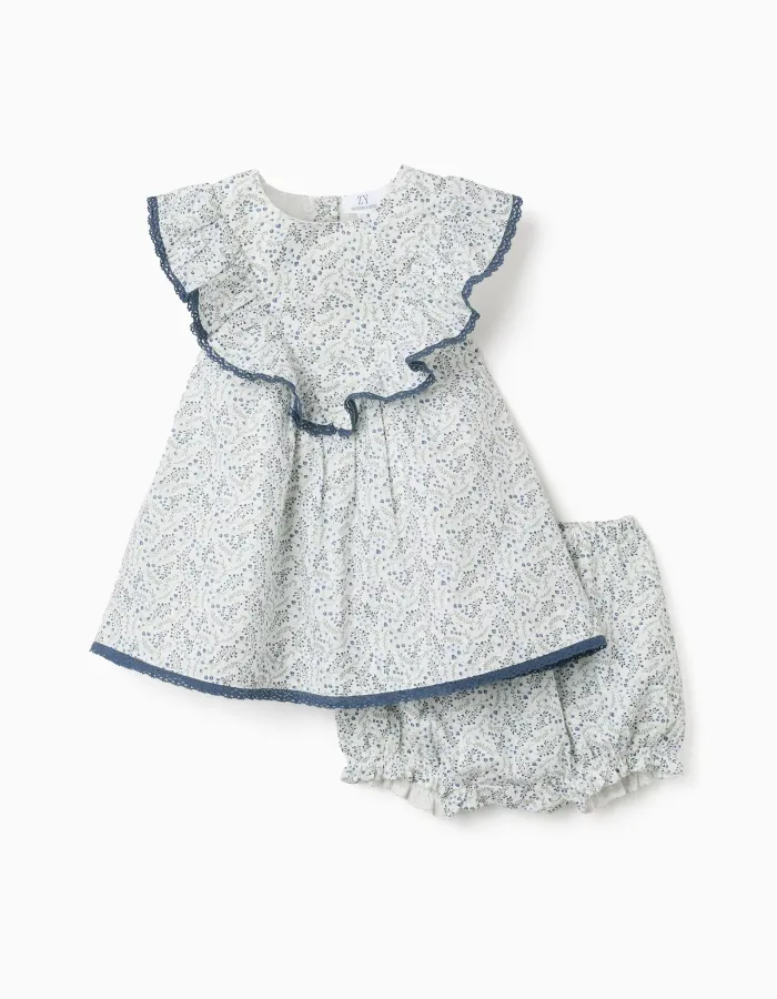 Cotton dress + bloomers with floral motif You&Me for baby girls, white
