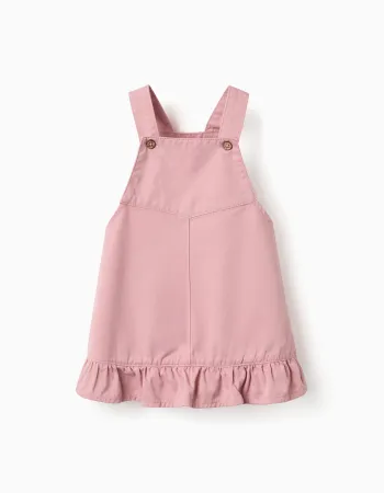 Twill pinafore dress with ruffled hem for baby girls, pink