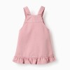 Twill pinafore dress with ruffled hem for baby girls, pink