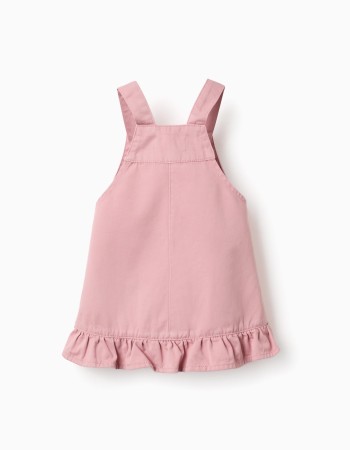 Twill pinafore dress with ruffled hem for baby girls, pink