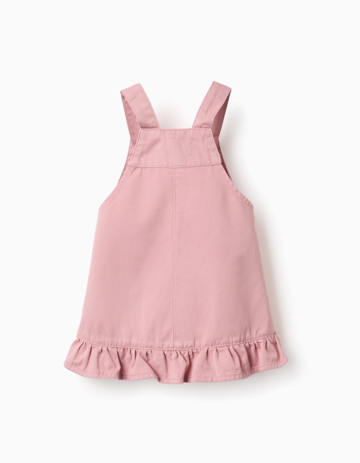 Twill pinafore dress with ruffled hem for baby girls, pink