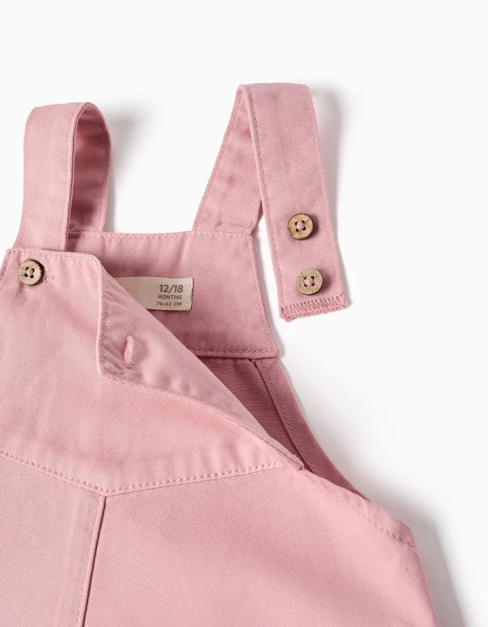 Twill pinafore dress with ruffled hem for baby girls, pink