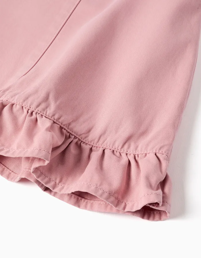 Twill pinafore dress with ruffled hem for baby girls, pink