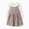 T-shirt and corduroy pinafore dress set for baby girls, white/beige