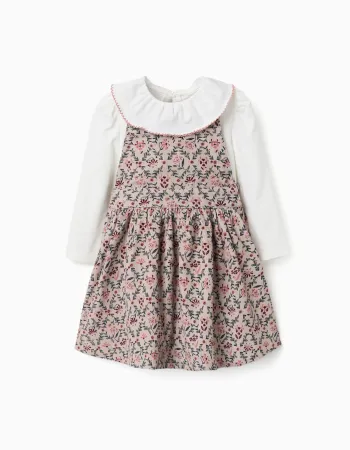 T-shirt and corduroy pinafore dress set for baby girls, white/beige