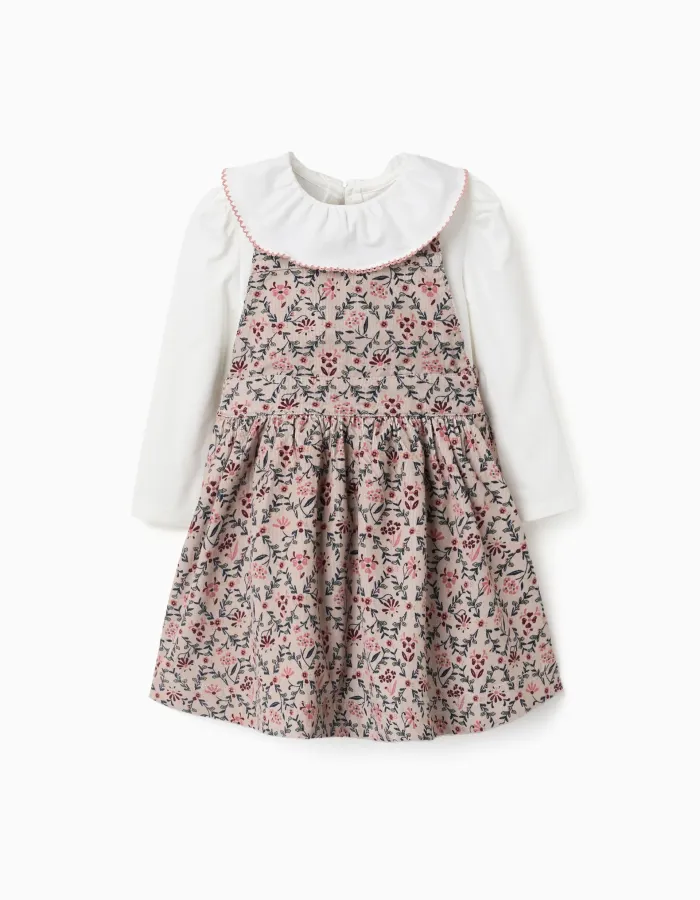 T-shirt and corduroy pinafore dress set for baby girls, white/beige