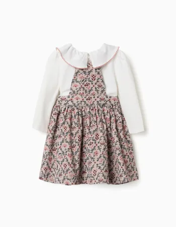 T-shirt and corduroy pinafore dress set for baby girls, white/beige